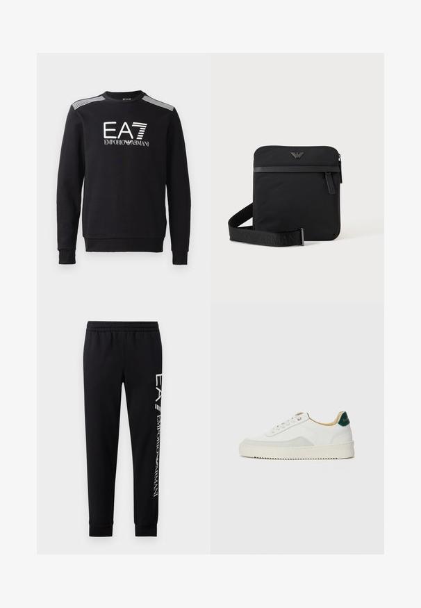 Sweatshirt noir en coton, avec un col rond, des manches longues, un logo EA7 blanc et des rayures sur les épaules.; Pantalons de survêtement noirs en mélange de coton, dotés d'une taille élastique, de jambes fuselées, de poignets côtelés et d'un imprimé logo blanc sur le côté.; Baskets blanches avec des accents en daim, bout arrondi, lacets plats et semelle en caoutchouc crème. Présente une marque verte sur le talon.; Sac bandoulière carré noir avec fermeture éclair, poche avant et sangle réglable avec nom de marque embossé.