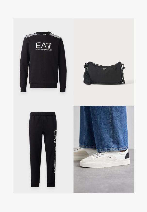 Zwarte sweatshirt van katoen, met een ronde hals, lange mouwen, een wit EA7-logo en strepen over de schouders.; Zwarte sweatpants van een katoenmix, met een elastische tailleband, taps toelopende benen, ribgebreide boorden en een wit logo-opdruk langs de zijkant.; Witte en zwarte sneakers met een glad leren bovenwerk, textuuraccenten en een chunky witte zool. Heeft een klassiek vetersluiting ontwerp.; Zwarte rechthoekige crossbodytas met zilveren merklogo-embleem en verstelbare band op een lichte achtergrond.