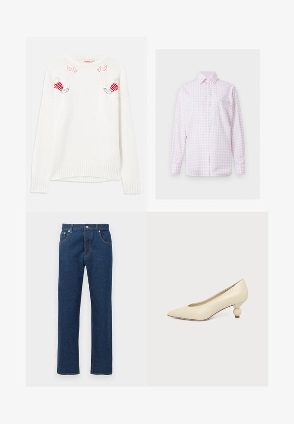 Hvid strikket sweater med broderede figurer i rød og blå. Rund hals, ribbede manchetter og kant. Blød tekstur, afslappet pasform.; Lyserød og hvidternede skjorte med lange ærmer, knapper foran, spids krave og hjerteformet syet lomme på venstre bryst.; Mørkeblå denim jeans med lige ben, for- og baglommer, bæltestropper, knaplukning og synlig orange sytråd.; Kremfarvet damesko med spids snude og lav hæl, hvor hælen er rund og kugleformet, på en ensfarvet baggrund.