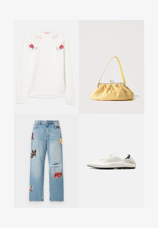 Hvid strikket sweater med broderede figurer i rød og blå. Rund hals, ribbede manchetter og kant. Blød tekstur, afslappet pasform.; Lys blå denim jeans med forskellige lapper, et slidt knæ og en bred benpasform. Bemærkelsesværdige farver inkluderer rød, gul og sort.; Hvid minimalistisk lædersko med indstukket hæl, snørelukning og tynd sort sål på ensfarvet baggrund.; Håndtaske i gul og hvid ternet stof med metalspænde, et gult håndtag og en sølvkæde på en ensfarvet baggrund.