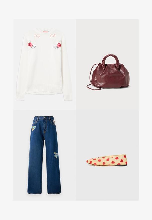Hvid strikket sweater med broderede figurer i rød og blå. Rund hals, ribbede manchetter og kant. Blød tekstur, afslappet pasform.; Mørkeblå denim bukser med brede ben og to farverige broderede lapper foran. Har standardlommer og synlige syninger.; Flad sko med en gul stofoverdel, der har et blomstermønster i rødt. Spids tå, minimalistisk design og en sort gummisål.; Burgundy lædertaske med et flet-håndtag, blød tekstur og en rund form. Har en aftagelig skulderrem for alsidighed.