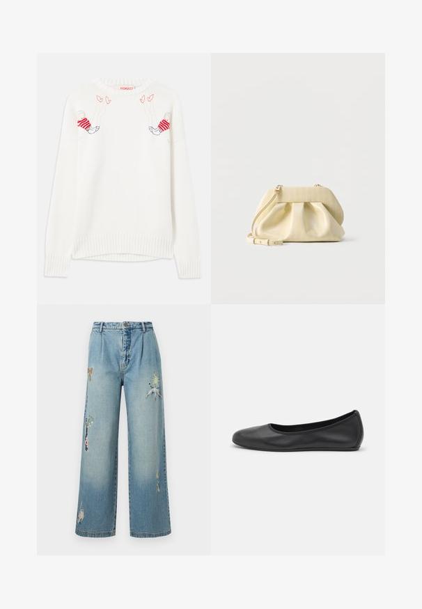 Hvid strikket sweater med broderede figurer i rød og blå. Rund hals, ribbede manchetter og kant. Blød tekstur, afslappet pasform.; Lyseblå denim viddebukser med broderede detaljer, inklusive sommerfugle og planter. Har knaplukning og fem lommer.; Sort læderballetsko med rund tå, glat tekstur, minimal syning og et fleksibelt såldesign.; Lille bleg gul læderhåndtaske med rynket front, guldfarvet hardware og justerbar skulderrem på hvid baggrund.