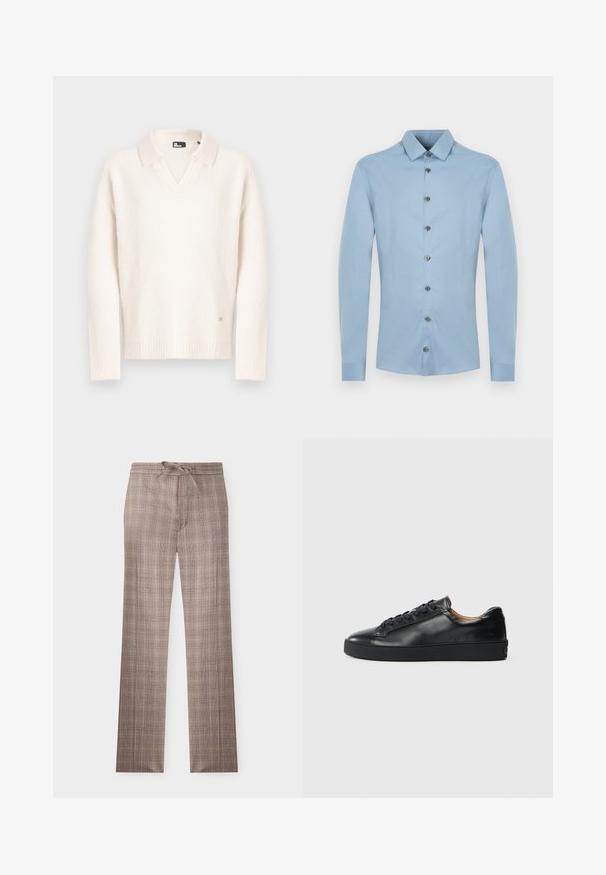 Pull blanc à col en V avec un col, confectionné en matériau doux et texturé. Dispose de poignets et d'un ourlet côtelés, avec un petit logo en bas.; Chemise habillée pour homme à manches longues bleu clair avec fermeture boutonnée et col pointu, présentée sur fond blanc.; Pantalon marron à carreaux à jambes droites avec taille à cordon, devant plat et motif à carreaux subtil sur fond blanc.; Baskets en cuir noir avec une texture lisse, bout rond et fermeture à lacets. Comprend une semelle en caoutchouc épaisse et un minimum de détails de marque.