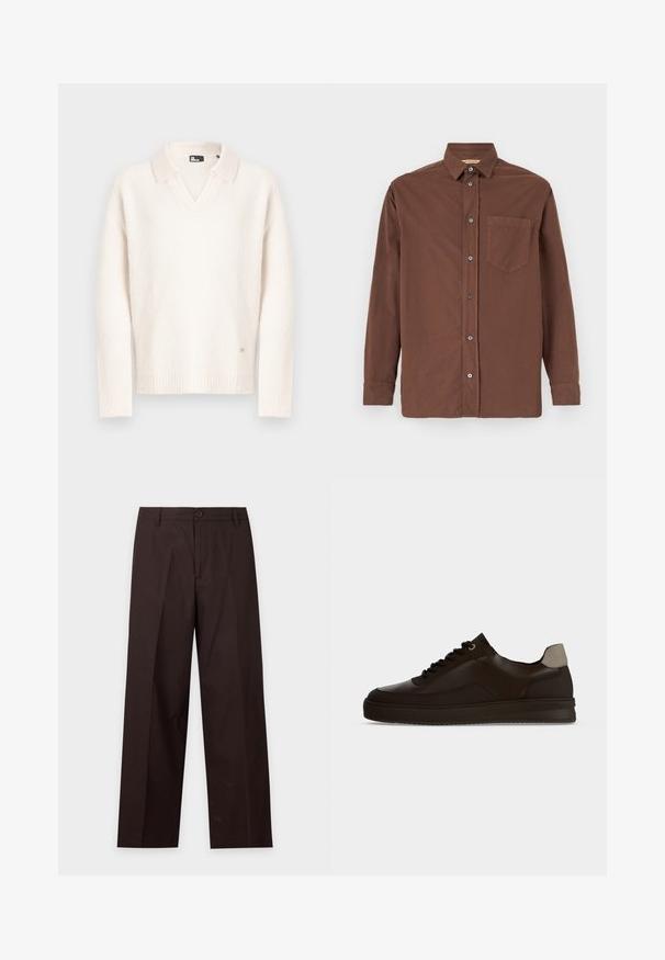 Pull blanc à col en V avec un col, confectionné en matériau doux et texturé. Dispose de poignets et d'un ourlet côtelés, avec un petit logo en bas.; Chemise brune à boutons avec un col, des manches longues, une poche poitrine unique et des boutons gris, fabriquée à partir d'un tissu texturé.; Pantalon droit marron foncé avec passants de ceinture, fermeture par bouton et pli sur le devant, présenté sur fond blanc.; Baskets basses en cuir marron foncé avec lacets noirs, semelle épaisse et languette beige au talon sur fond clair uni.