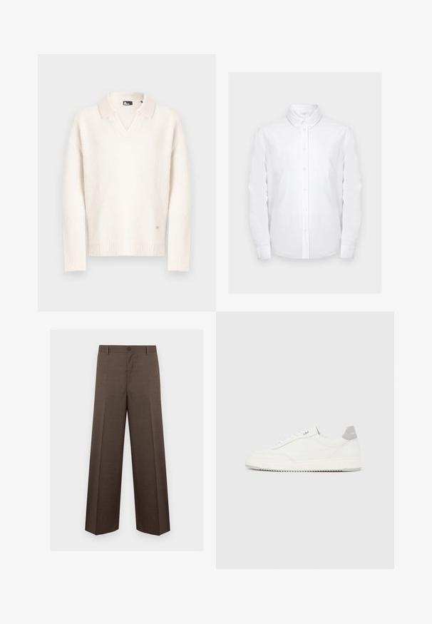 Pull blanc à col en V avec un col, confectionné en matériau doux et texturé. Dispose de poignets et d'un ourlet côtelés, avec un petit logo en bas.; Chemise blanche à manches longues avec col pointu et poche poitrine, présentée sur un fond gris clair uni.; Pantalon marron à jambes larges, coupe cintrée avec passants de ceinture et fermeture par bouton, présenté à plat sur un fond blanc.; Baskets basses blanches avec un onglet de talon gris, des lacets blancs et une semelle texturée, présentées sur un fond uni clair.