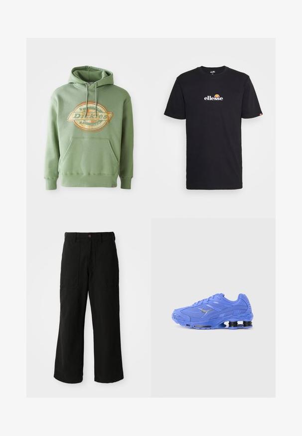 Πράσινο hoodie με κεντρικό γραφικό λογότυπο σε πορτοκαλί και μπεζ. Διαθέτει μπροστινή τσέπη, κουκούλα με κορδόνια και ριμπ μανσέτες. Από βαμβάκι.; Μαύρο βαμβακερό μπλουζάκι με κοντά μανίκια, που διαθέτει λευκό λογότυπο "ellesse" και κόκκινη και κίτρινη λεπτομέρεια πάνω από το κείμενο.; Μαύρο παντελόνι σε ευρεία γραμμή από μαλακό ύφασμα, με μπροστινές τσέπες και κούμπωμα με κουμπί στη μέση. Μινιμαλιστικός σχεδιασμός χωρίς ορατά μοτίβα.; Μπλε αθλητικό παπούτσι με διχτυωτό υλικό, παχιά σόλα, ασημί λογότυπο Nike, επένδυση στο άνω μέρος και χαρακτηριστική απορρόφηση κραδασμών στο τακούνι που μοιάζει με ελατήριο.