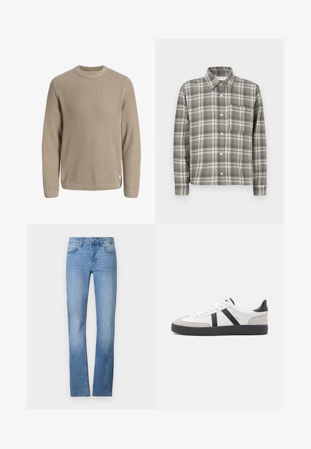 Beige ribstrikket sweater med lange ærmer og rund halsudskæring, vist mod en lys baggrund.; Flannelskjorte med knapper i nuancer af grå og creme, med ternet mønster, en brystlomme og lange ærmer med knapmanchetter.; Lyseblå denimjeans med lige ben, knaplukning og fem lomme-design. Stoffet har en glat tekstur.; Hvide sneakers med sorte og grå detaljer, med en tekstureret grå tåhætte, sort gummisål og flade hvide snørebånd. Rent design, minimalistisk stil.