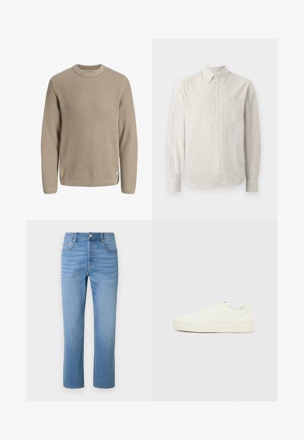 Pull en maille côtelée beige avec manches longues et col rond, présenté sur un fond clair.; Chemise à manches longues de couleur beige clair avec de fines rayures verticales, un col et une poche poitrine. Tissu doux avec une texture lisse.; Jean en denim bleu clair à jambes droites avec poches frontales, passants pour ceinture, fermeture par bouton et légère décoloration autour des hanches et des cuisses.; Baskets basses blanches avec laçage à l'avant, dessus en cuir lisse et semelle épaisse en caoutchouc, vues de côté extérieur sur un fond uni.