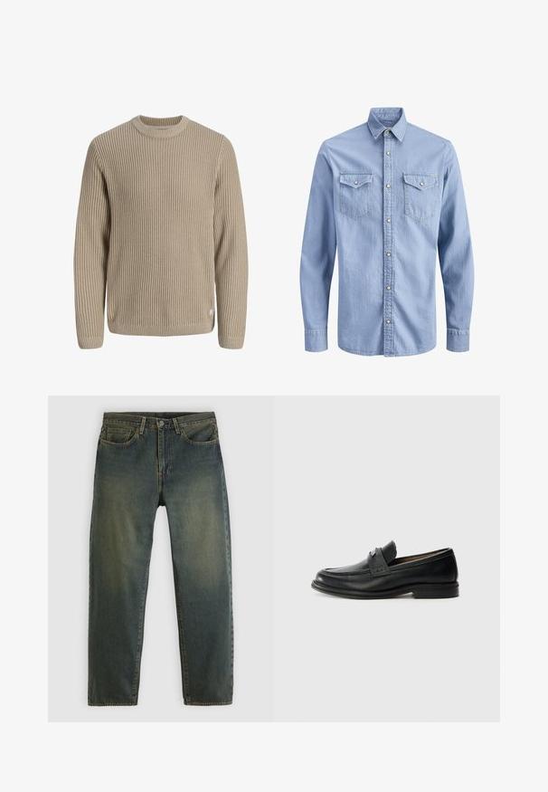 Beige ribstrikket sweater med lange ærmer og rund halsudskæring, vist mod en lys baggrund.; Lyseblå denimskjorte med lange ærmer, trykknapper, spidst krave og to brystlommer med klap og knaplukning.; Mørkegrønne denimjeans med fem-lommer design, knaplukning og lige ben, vist på en ensartet lys baggrund.; Sorte læder loafers med en glat finish, der har et tekstureret øverste bånd, lav hæl og minimale syninger.