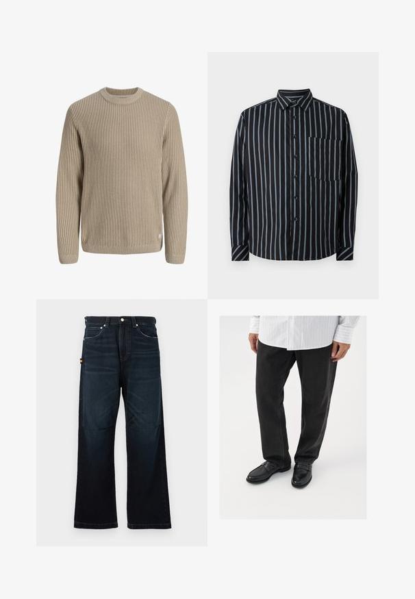 Beige ribstrikket sweater med lange ærmer og rund halsudskæring, vist mod en lys baggrund.; Sort button-up skjorte med blå lodrette striber, lange ærmer, krave og en brystlomme. Glat stof, afslappet pasform, standard knapper.; Mørkeblå lige ben jeans med klassisk fem-lomme design, bæltestropper og subtile falmede detaljer foran og på knæene.; Sorte denimbukser parret med skinnende sorte loafers. Skjorten er hvid med tynde lodrette striber, har lange ærmer og en knapkrave.