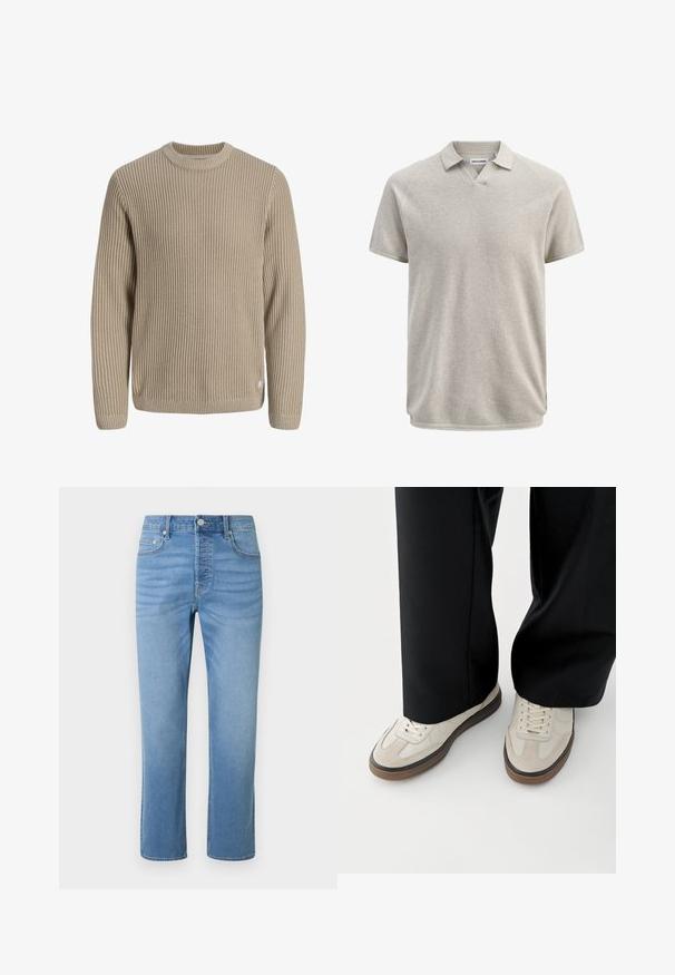 Beige ribstrikket sweater med lange ærmer og rund halsudskæring, vist mod en lys baggrund.; Kortærmet beige tekstureret polo med krave og let V-formet halsudskæring, mærket Jack & Jones.; Lyseblå denimjeans med lige ben, forlommer, bæltestropper, knaplukning og diskret falmen omkring hofter og lår.; Fødder iført beige sneakers med brune såler og sorte bukser med vide ben på hvid baggrund.