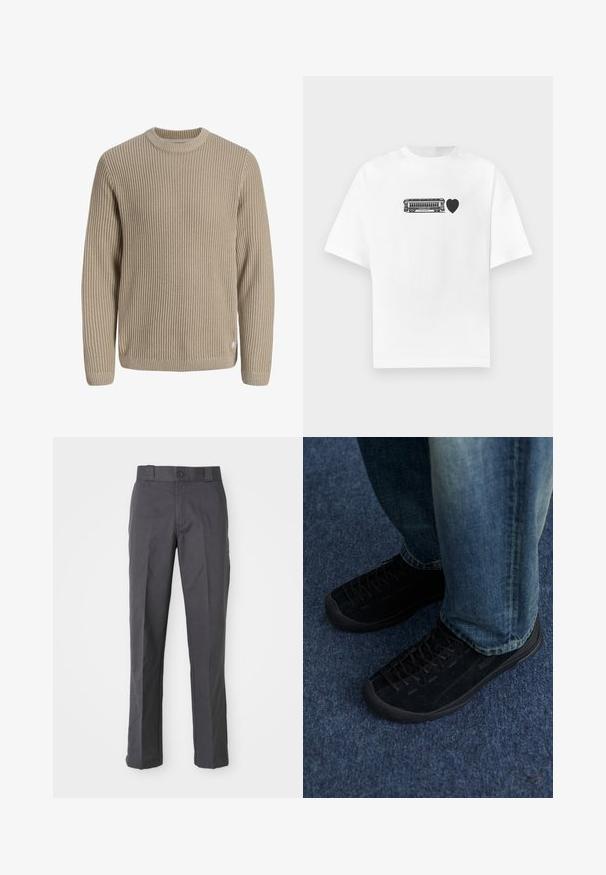 Beige ribstrikket sweater med lange ærmer og rund halsudskæring, vist mod en lys baggrund.; Hvid bomuld T-shirt med et sort motiv af en sporvogn med et hjerteformet design, rund hals og korte ærmer. Enkel og minimal design.; Mørkegrå bukser lavet af bomuldsblanding, der har et lige ben-design, frontlommer og en knaplukning i taljen.; Sorte ruskindssneakers med tekstureret overflade, diskret snøring og holdbare gummisåler, parret med blå denim jeans.