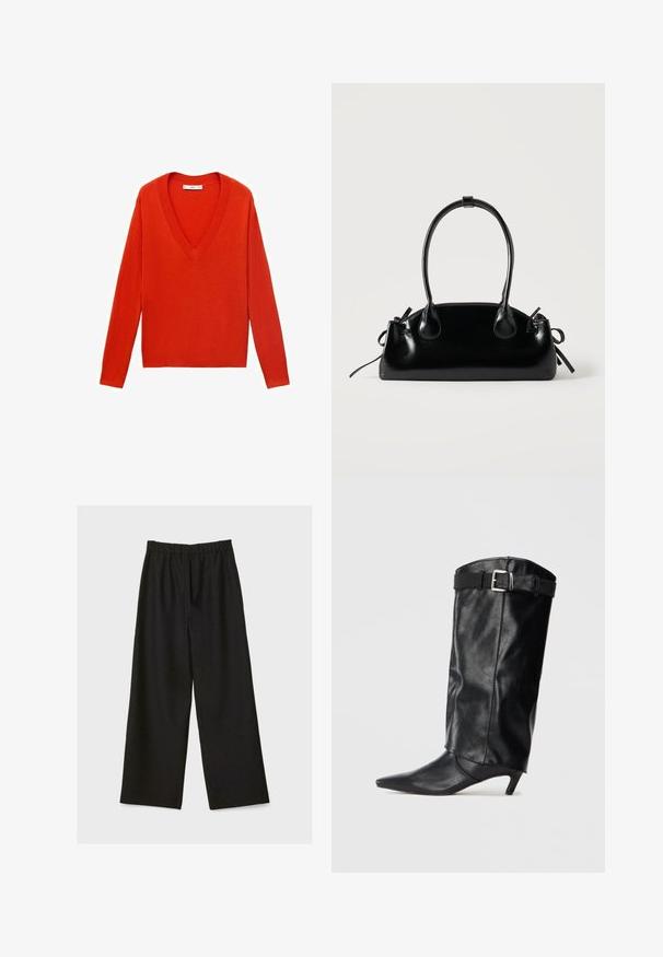 Pull rouge à col en V avec des manches longues et une coupe décontractée. Fabriqué en matériau tricot doux, présentant des accents côtelés subtils au niveau de l'ourlet et des poignets.; Pantalons larges noirs avec taille élastique, présentés à plat sur un fond clair.; Botte noire en cuir, montante jusqu'au genou, avec un bout pointu et un petit talon. Présente une ceinture en haut avec une boucle en métal argenté. Texture lisse.; Petit sac à main noir brillant avec deux longues anses et des détails à cordon sur les côtés sur un fond clair uni.