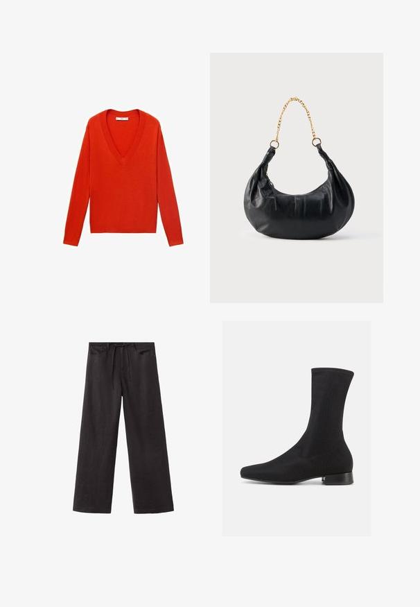 Pull rouge à col en V avec des manches longues et une coupe décontractée. Fabriqué en matériau tricot doux, présentant des accents côtelés subtils au niveau de l'ourlet et des poignets.; Pantalon noir à jambes larges avec poches avant, passants de ceinture et taille à cordon, en tissu léger.; Bottine noire à tige en tissu lisse et extensible, avec un petit talon empilé. Caractérisée par un bout pointu et un design sans coutures.; Sac à main en cuir noir en forme de croissant avec une lanière chaîne en or et une fermeture éclair latérale.