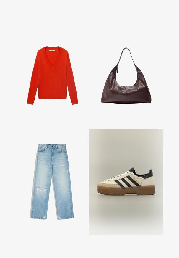 Pull rouge à col en V avec des manches longues et une coupe décontractée. Fabriqué en matériau tricot doux, présentant des accents côtelés subtils au niveau de l'ourlet et des poignets.; Jean en denim bleu clair délavé avec une coupe droite, présentant des déchirures usées sur la cuisse, le genou et près des ourlets.; Baskets blanches Adidas avec bandes noires, bout en daim beige, semelle marron et "SPEZIAL" en lettres dorées sur le côté.; Sac à bandoulière en cuir brun foncé avec une seule sangle et une fermeture éclair sur un côté, structure souple et décontractée, texture lisse.