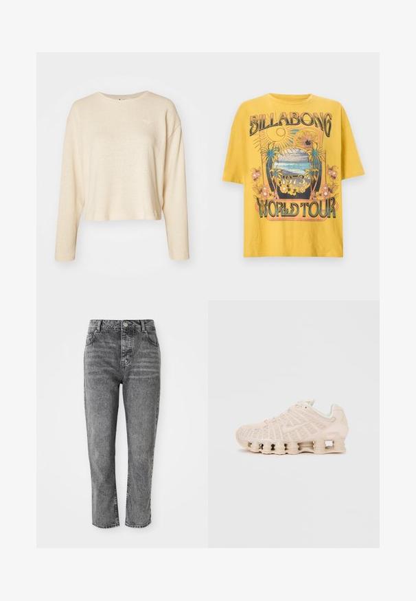 Pull court couleur crème avec des manches longues, fabriqué en tissu texturé. Présente un petit logo discret sur la poitrine et un col rond.; Chemise jaune à manches courtes avec imprimé de style vintage représentant un soleil, des palmiers, des fleurs, des vagues océaniques et le texte "Billabong 1973 World Tour".; Jeans en denim gris à taille haute, coupe droite, avec des poches avant et un petit détail de bouton en métal à la ceinture.; Chaussure de sport Nike Shox beige avec des colonnes de suspension distinctives en forme de ressort sous la semelle, dessus en mesh et logo Nike swoosh sur le côté.