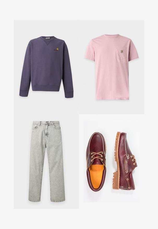 Sweat-shirt violet col rond avec manches longues et petit logo Carhartt jaune et rouge sur la partie supérieure gauche de la poitrine.; T-shirt rose uni à manches courtes avec une poche poitrine comportant un petit patch rectangulaire avec le logo Carhartt.; Jean droit gris clair à taille haute avec poches avant, passants pour ceinture et fermeture par bouton, présenté sur fond blanc.; Chaussures en cuir bourgogne avec semelles en caoutchouc marron, bout rond, couture blanche et œillets dorés. L'intérieur présente une doublure jaune.
