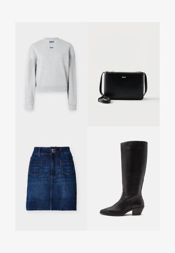 Sweatshirt gris avec un col rond, des manches longues et des poignets côtelés. Présente une petite étiquette logo bleue sur le devant supérieur. Texture douce.; Jupe en denim bleu foncé avec poches avant, fermeture à double bouton, passants pour ceinture et coutures visibles, posée à plat sur un fond blanc.; Botte en cuir noire mi-mollet avec un bout pointu et un talon bas incliné sur un fond clair uni.; Sac bandoulière en cuir noir avec fermeture éclair dorée et sangle réglable, avec le mot « BOSS » en lettres dorées sur le devant.