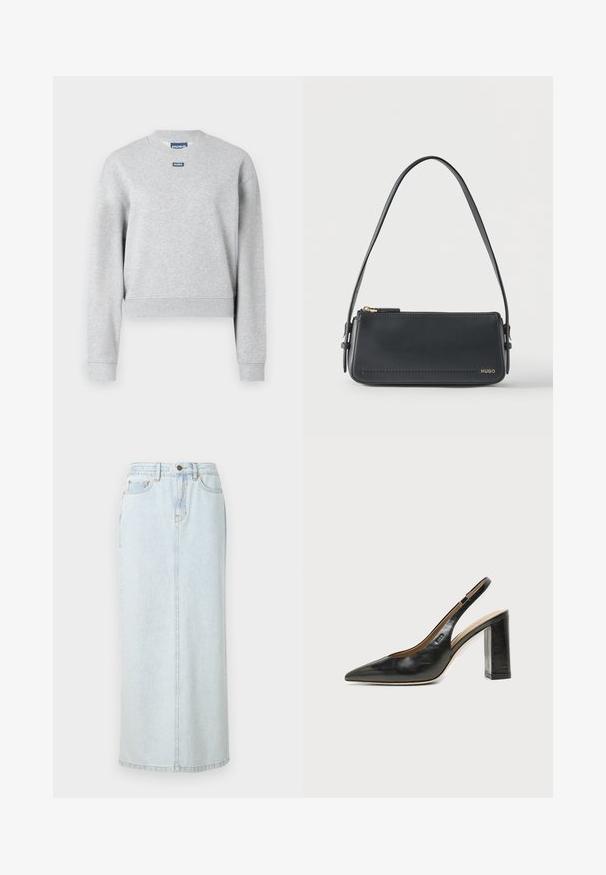 Sweatshirt gris avec un col rond, des manches longues et des poignets côtelés. Présente une petite étiquette logo bleue sur le devant supérieur. Texture douce.; Jupe maxi en denim bleu clair avec un design droit, fermeture à boutons sur le devant et couture visible. Elle comporte deux poches avant.; Chaussure slingback en cuir noir à bout pointu avec un talon bloc haut et une doublure intérieure beige sur un fond clair uni.; Sac à bandoulière rectangulaire en cuir noir avec fermeture éclair dorée et petit logo "HUGO" doré sur le devant, doté d'une sangle réglable avec boucle.