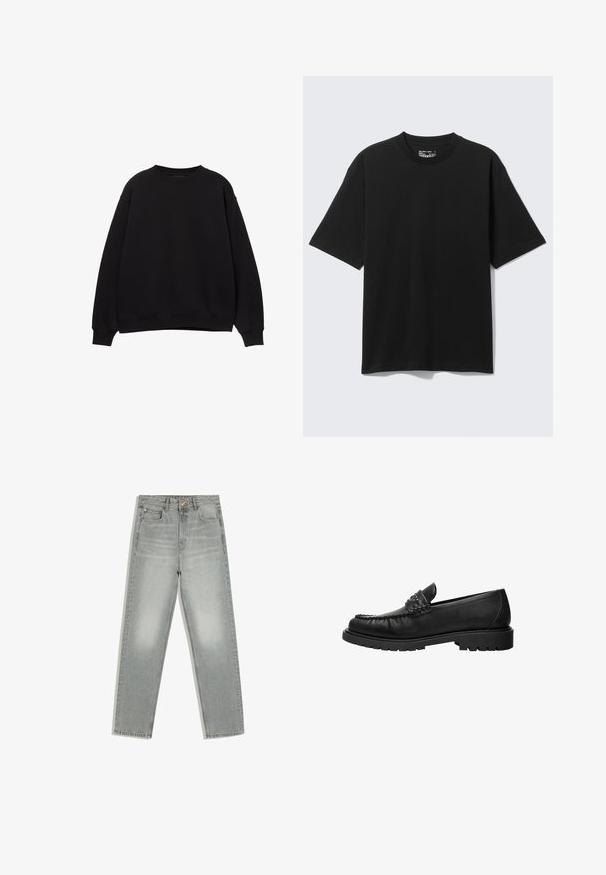 Sweat-shirt noir avec un col rond, des épaules tombantes et des poignets côtelés. Fabriqué en matériau doux, il présente un design simple et classique.; T-shirt noir en coton à manches courtes et coupe décontractée, col rond, présenté sur un fond clair uni.; Jean gris droit avec cinq poches, fermeture par bouton et fermeture éclair, présenté à plat sur fond blanc.; Mocassin en cuir noir avec dessus cousu, détail de bride cloutée et semelle épaisse à crampons, présenté en profil latéral sur fond blanc.