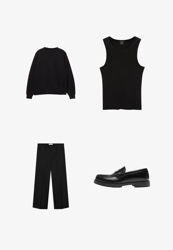 Sweat-shirt noir avec un col rond, des épaules tombantes et des poignets côtelés. Fabriqué en matériau doux, il présente un design simple et classique.; Débardeur noir à côtes avec un col rond et de larges emmanchures, fabriqué à partir d'un tissu doux et extensible. Étiquette : Pull&Bear.; Pantalon noir à jambes larges en tissu lisse, doté de poches avant, d'une fermeture par bouton et d'un pli marqué sur chaque jambe.; Mocassin en cuir noir avec une semelle en caoutchouc épaisse et un détail classique de bride à monnaie, vu de côté extérieur.