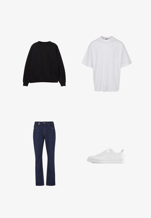 Zwarte sweatshirt met ronde hals, verlaagde schouders en ribgebreide manchetten. Gemaakt van een zacht materiaal, met een eenvoudig, klassiek ontwerp.; Witte katoenen t-shirt met een ronde hals en korte mouwen, met een losse pasvorm en subtiele stikseldetails.; Donkerblauwe rechte jeans van denim met voorste knoop en rits, met voor- en achterzakken en zichtbare stikseldetails.; Witte lage sneaker met veters, glad leren bovenwerk en een platte rubberen zool, vanaf de zijkant op een witte achtergrond.