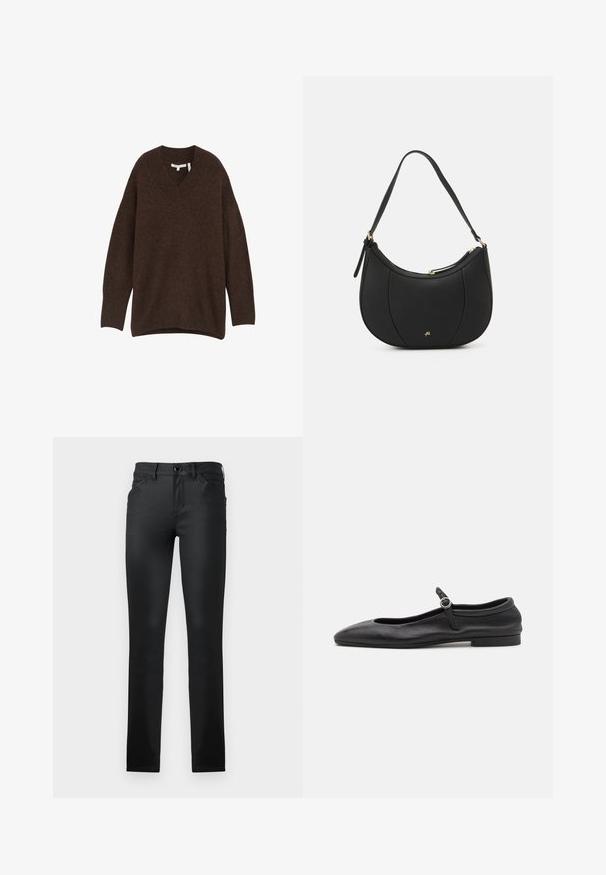 V-hals, losse trui in donkergrijs. Gemaakt van zachte stof met lange mouwen en zijsplitten voor comfort en bewegingsvrijheid.; TOM TAILOR TTLUCIE SKINNY FIT - Jeans Skinny Fit - coated black denim; Zwarte leren ballerina's met een ronde neus, smalle vamp en een kleine enkelband met een ronde gesp. Lage, platte zool.; Zwarte leren handtas met een gebogen vorm, textuuroppervlak, voornaden en een logo in goudkleur. Beschikt over een enkele verstelbare schouderband.