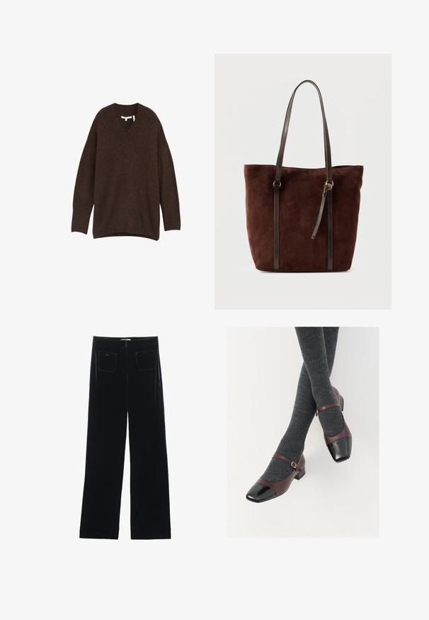 V-hals, løs siddende sweater i mørkegrå. Lavet af blødt materiale med lange ærmer og sideslids for komfort og bevægelsesfrihed.; Sorte velour bredbukser med to baglommer og en glat tekstur, der har en lige skæring og syede afslutninger ved anklerne.; Burgunderrøde læder Mary Jane-sko med en sort laktoej og tynd ankelrem; båret med mørkegrå ribbede strømper. Lav blokhæl.; Mørkebrun ruskindstaske med lange slanke læderhåndtag og en lille læderkvast på en glat baggrund.