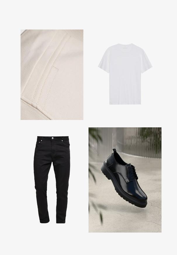 Beige katoenstof met zichtbare stiksels en een vlakke, gladde textuur. Heeft een subtiel zakdetail langs de naad.; Witte katoenen T-shirt met korte mouwen, een ronde hals en een gladde textuur. Heeft minimale branding op de halslijn.; Zwarte spijkerbroeken van denim stof, slim fit ontwerp, vijf-pocket stijl, met metalen knoopsluiting, gestikte details en een zachte textuur.; Zwarte leren schoen met een glanzende afwerking, ronde neus, vetersluiting, contrasterende stiksels en een dikke rubberen zool met profielpatronen.