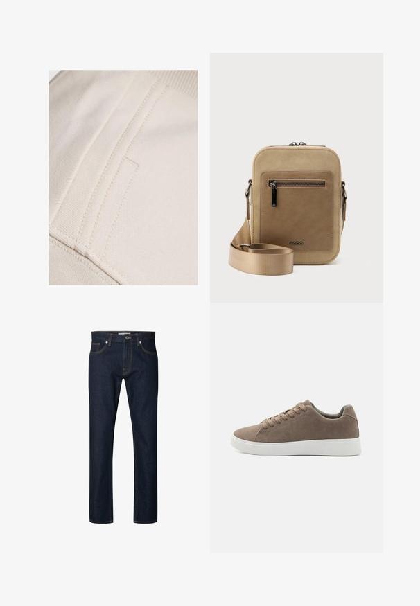 Beige katoenstof met zichtbare stiksels en een vlakke, gladde textuur. Heeft een subtiel zakdetail langs de naad.; Donkerblauwe denim jeans met rechte pijpen, zichtbare oranje stiksels, voorste knoop, ritssluiting en ontwerp met vijf zakken.; Bruine suède sneakers met platte witte rubberen zolen, vetersluiting, ronde neus en een gladde textuur. Minimalistische stijl met subtiele stikdetails.; Kleine beige crossbodytas met een voorvak met ritssluiting, metalen ALDO-logo, verstelbare brede band en afgeronde rechthoekige vorm op een witte achtergrond.