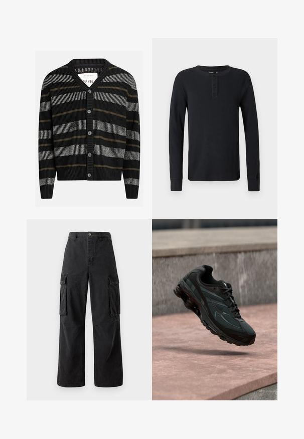 Zwarte cardigan met verticale strepen in grijs en olijfgroen. Heeft een V-hals, geribbelde manchetten en zes zwarte knopen aan de voorkant.; Zwarte langesleeve henley shirt van gestructureerde wafelbrei. Heeft een knoopsluiting en aansluitende boorden. Eenvoudige ronde halslijn.; Zwarte cargobroek van een katoenmengsel, met wijde pijpen, twee zijzakken en een knoopsluiting in de taille.; Zwarte atletische sneaker met zichtbare luchtgeveerde tussenzool die boven een roze stenen oppervlak zweeft met een grijze stenen muur op de achtergrond.