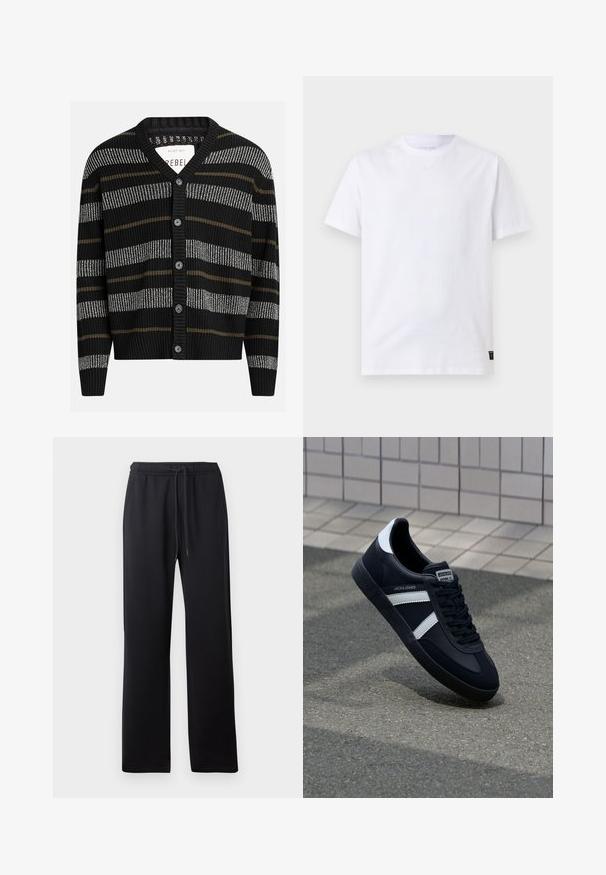 Cárdigan negro con rayas verticales en gris y oliva. Presenta un escote en V, puños acanalados y seis botones negros en la parte delantera.; Camiseta blanca lisa de manga corta con cuello redondo y una pequeña etiqueta negra de cuidado en el bajo, sobre un fondo gris claro.; Abercrombie & Fitch ESSENTIAL BAGGY OPEN HEM CASUAL - Pantalones deportivos - black; Zapatilla de cuero negra con rayas blancas, suela de goma texturizada y parte frontal con cordones. Cuenta con una etiqueta de marca en la lengüeta.