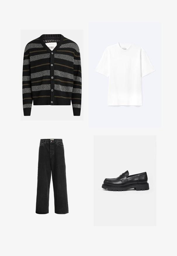 Zwarte cardigan met verticale strepen in grijs en olijfgroen. Heeft een V-hals, geribbelde manchetten en zes zwarte knopen aan de voorkant.; Effen witte T-shirt met korte mouwen en ronde hals, met een losse pasvorm, weergegeven op een lichte achtergrond.; Zwarte wijde jeans gemaakt van denim stof. Heeft een hoge taille, twee voorklepjes, een knoopsluiting en subtiele stikseldetails.; Zwarte leren loafer met dikke geribbelde zool en pennyriemdetail, getoond in rechter zijprofiel op witte achtergrond.
