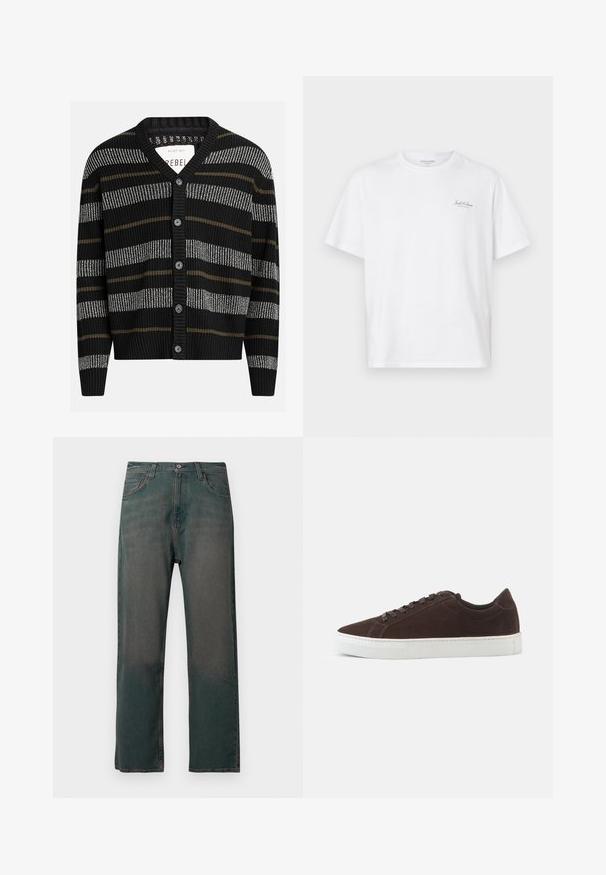 Zwarte cardigan met verticale strepen in grijs en olijfgroen. Heeft een V-hals, geribbelde manchetten en zes zwarte knopen aan de voorkant.; Witte short-sleeve t-shirt gemaakt van katoen, met een ronde hals en een klein logo op de linkerborst. Soepele textuur, casual pasvorm.; Donkergroene spijkerbroek met rechte pijpen, voorzien van een klassiek ontwerp met vijf zakken en contrasterende stiksels langs de naden.; Donkerbruine suede lage sneaker met bijpassende veters en dikke witte rubberen zool, zijaanzicht op een effen achtergrond.