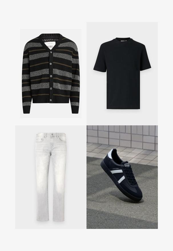 Cárdigan negro con rayas verticales en gris y oliva. Presenta un escote en V, puños acanalados y seis botones negros en la parte delantera.; Camiseta negra de manga corta con tejido de canalé, cuello redondo y una pequeña etiqueta visible en el interior del cuello.; Jeans de denim gris claro con un corte recto, un sutil desgaste, bolsillos frontales y un único bolsillo trasero. Cierre clásico con botón y cremallera.; Zapatilla de cuero negra con rayas blancas, suela de goma texturizada y parte frontal con cordones. Cuenta con una etiqueta de marca en la lengüeta.
