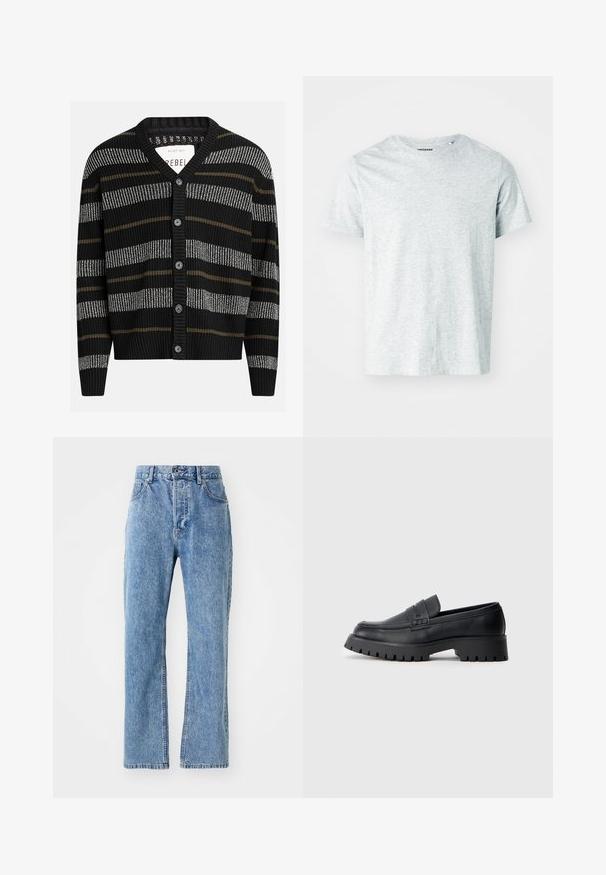 Sort cardigan med lodrette striber i grå og oliven. Har en V-hals, ribbede manchetter og seks sorte knapper foran.; Lys grå, kortærmet t-shirt lavet af blødt stof, med en rund hals og en let afslappet pasform. Ingen synlige mønstre eller grafik.; Lysblå denim jeans med høj talje, bred ben design, klassisk fem-lomme stil og diskret falmning langs stoffet.; Sorte læder loafers med en rund tå, prydet med en dekorativ rem og en kraftig gummisål med dybe riller for grip.