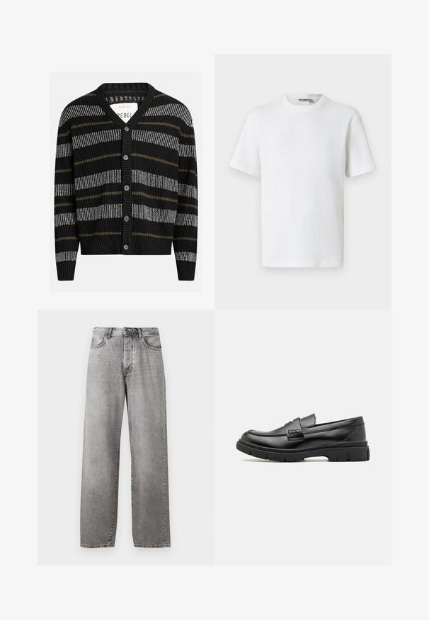 Zwarte cardigan met verticale strepen in grijs en olijfgroen. Heeft een V-hals, geribbelde manchetten en zes zwarte knopen aan de voorkant.; Wit T-shirt met korte mouwen, wafelstructuur en ronde hals, met een klein merkembleem aan de binnenkant van de kraag, afgebeeld op een effen achtergrond.; Grijze wijde spijkerbroek van denim. Heeft een hoge taille, vijf zakken en een knoop- en ritssluiting. Subtiele vervaging over de stof.; Zwarte leren instapper met een brede band over de voet, rubberen zool met dikke noppen en een gladde textuur. Klassiek, strak ontwerp.