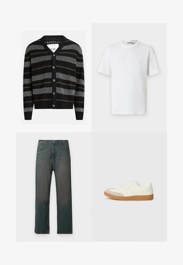 Sort cardigan med lodrette striber i grå og oliven. Har en V-hals, ribbede manchetter og seks sorte knapper foran.; Hvid kortærmet t-shirt i vaffelmønster med rund hals og et lille mærke med brandnavn inde i kraven, vist på en ensfarvet baggrund.; Mørkegrønne denimjeans med lige ben, der har et klassisk design med fem lommer og kontrastsyninger langs sømmene.; Sneaker lavet af hvid læder med en beige tåhætte og let brunt gummisål. Har flade hvide snørebånd og prægede branding på siden.