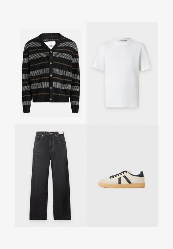 Cárdigan negro con rayas verticales en gris y oliva. Presenta un escote en V, puños acanalados y seis botones negros en la parte delantera.; Camiseta blanca de manga corta con cuello redondo y tejido de waffle, con una pequeña etiqueta de la marca en el interior del cuello, mostrada sobre un fondo liso.; Vaqueros negros de pierna ancha hechos de denim, con cinco bolsillos, costuras blancas en contraste y cierre de botón en la cintura.; Zapatillas casuales en crema con rayas negras, con parte superior texturizada y suela de goma. Los cordones son negros. Logo sutil en el costado.