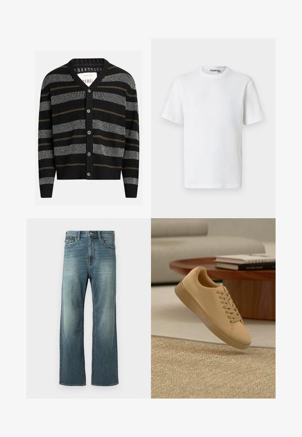 Cárdigan negro con rayas verticales en gris y oliva. Presenta un escote en V, puños acanalados y seis botones negros en la parte delantera.; Camiseta blanca de manga corta con cuello redondo y tejido de waffle, con una pequeña etiqueta de la marca en el interior del cuello, mostrada sobre un fondo liso.; Jeans de mezclilla azul claro con corte recto, un ligero desvanecimiento, cinco bolsillos y presillas para cinturón. Presenta detalles de costura y un cierre de botón.; Zapatilla beige con cordones flotando sobre una alfombra texturizada con una mesa de café de madera y libros apilados en un fondo desenfocado.
