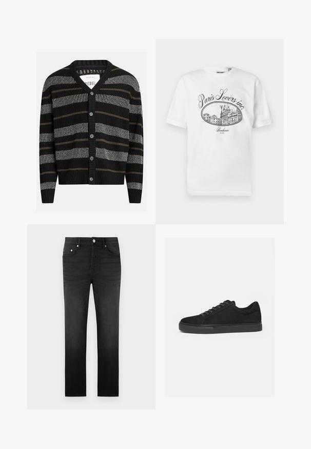 Zwarte cardigan met verticale strepen in grijs en olijfgroen. Heeft een V-hals, geribbelde manchetten en zes zwarte knopen aan de voorkant.; Witte katoenen T-shirt met een zwarte illustratieve print van een Parijs stadsgezicht en de tekst "Paris Lovers inc." en "Bonheur EST.1992."; Zwarte slim-fit jeans met vijf zakken, knoop- en ritssluiting, en riemlussen, afgebeeld tegen een effen witte achtergrond.; Zwarte lage sneaker met veterluiting aan de voorkant en platte rubberen zool, zijaanzicht op een witte achtergrond.