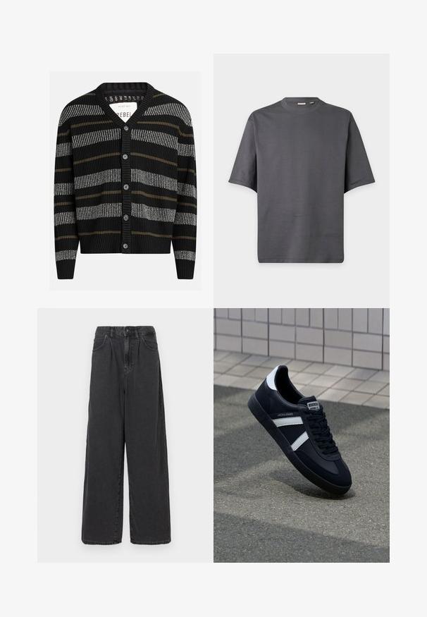 Cárdigan negro con rayas verticales en gris y oliva. Presenta un escote en V, puños acanalados y seis botones negros en la parte delantera.; Camiseta de color gris oscuro, manga corta, cuello redondo, con diseño sencillo y textura de tela suave.; Pantalones de denim negros de tiro alto y pierna ancha, con cierre de botón y cremallera en el frente, que cuentan con bolsillos laterales y una textura suave.; Zapatilla de cuero negra con rayas blancas, suela de goma texturizada y parte frontal con cordones. Cuenta con una etiqueta de marca en la lengüeta.