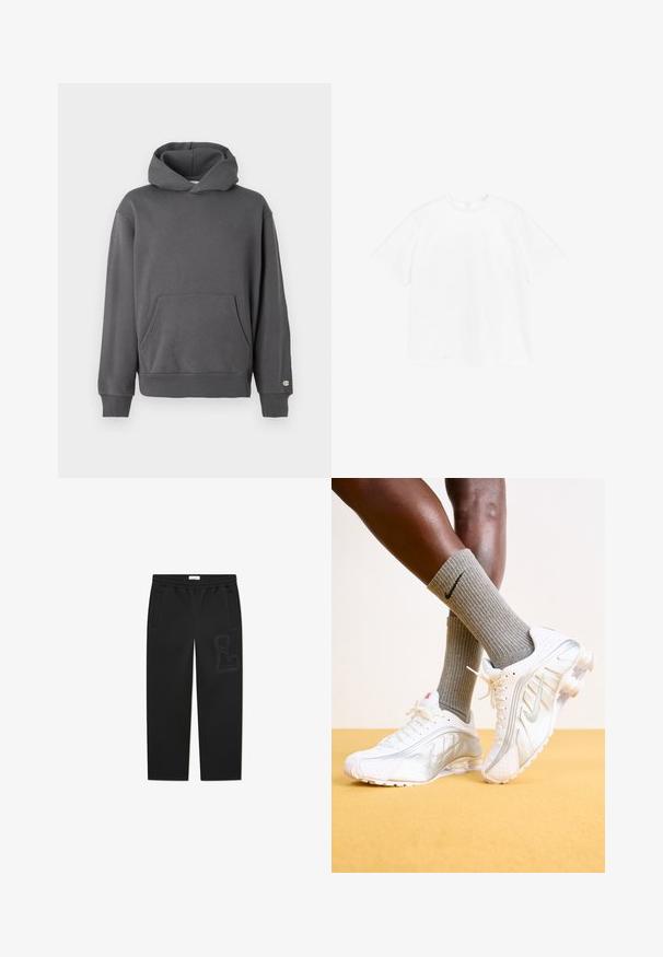 Grijze pullover hoodie met een voorzak, geribde manchetten en een capuchon met trekkoord. Heeft subtiele logodetails op de borst.; Korte mouwen crewneck t-shirt van stevig wit katoen. Standaard pasvorm met een eenvoudig ontwerp zonder zichtbare patronen of accenten.; Zwarte sweatpants van zachte stof, met een tailleband met trekkoord, twee zijzakken en een subtiele "L"-logo op de onderkant van het linkerbeen.; Nike sneakers in het wit met zilveren accenten, met textuurpanelen en perforaties. Gecombineerd met grijze geribde sokken, tegen een gele achtergrond.