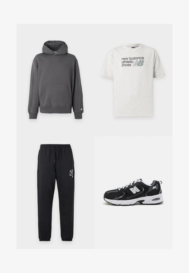 Grå pullover hoodie med en frontkangaroo-lomme, ribbede manchetter og hætte med snoretræk. Har diskret logo-detaljering på brystet.; Lysegrå T-shirt med korte ærmer med teksten "new balance athletic shoes" og en stiliseret "NB" logo i mørkegrå på brystet.; Sorte joggingbukser med elastisk talje og manchetter, med hvid "New Balance"-logo på øvre venstre lår.; Sorte og grå sportssko med mesh og ruskind på overdelen, der har en hvid mellemsål, snørebånd og et iøjnefaldende "N" logo på siden.