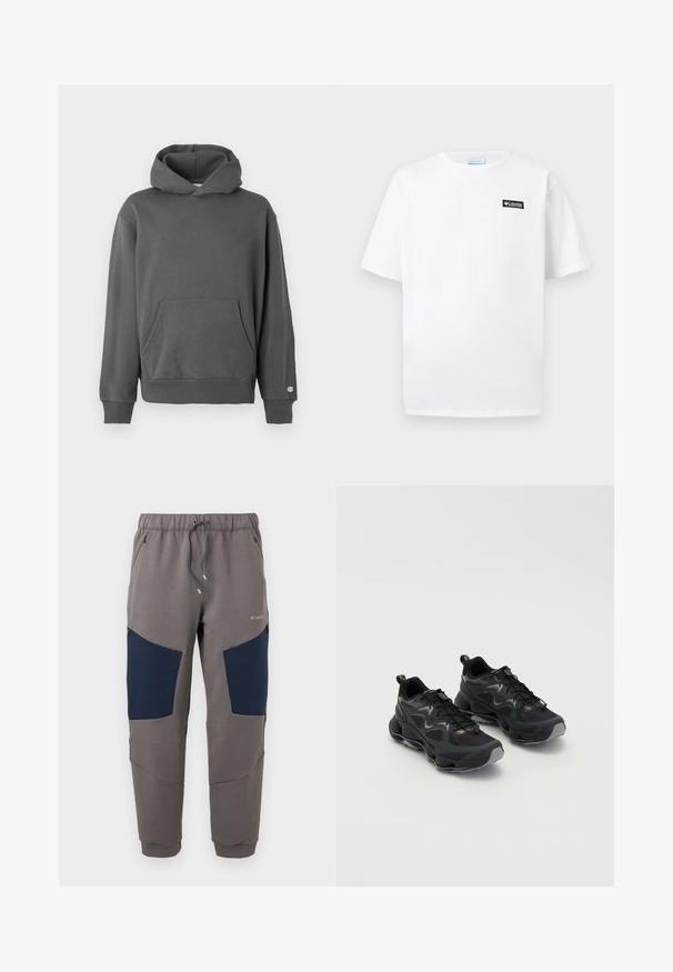 Halluxhalliga hall pullover-kapuutsiga, millel on ees kangaroosoe tasku, soonilised varrukad ja reguleeritav kapuuts. Rinnal on diskreetne logo detail.; Valge lühikeste varrukatega ümara kaelusega T-särk, millel vasakul rinnal väike must ristkülikukujuline Columbia logo.; Hallid spordipüksid, millel on tumesinised põlvepaneelid, elastne vöökoht, pael, lukuga taskud ja Columbia logo ülemisel reiel.; Mustad mustadspordijalatsid tekstuurse silmaülemisega, mis on varustatud paksu tallaga, paeltega sulgemisega ja diskreetsete hallide aktsentidega.