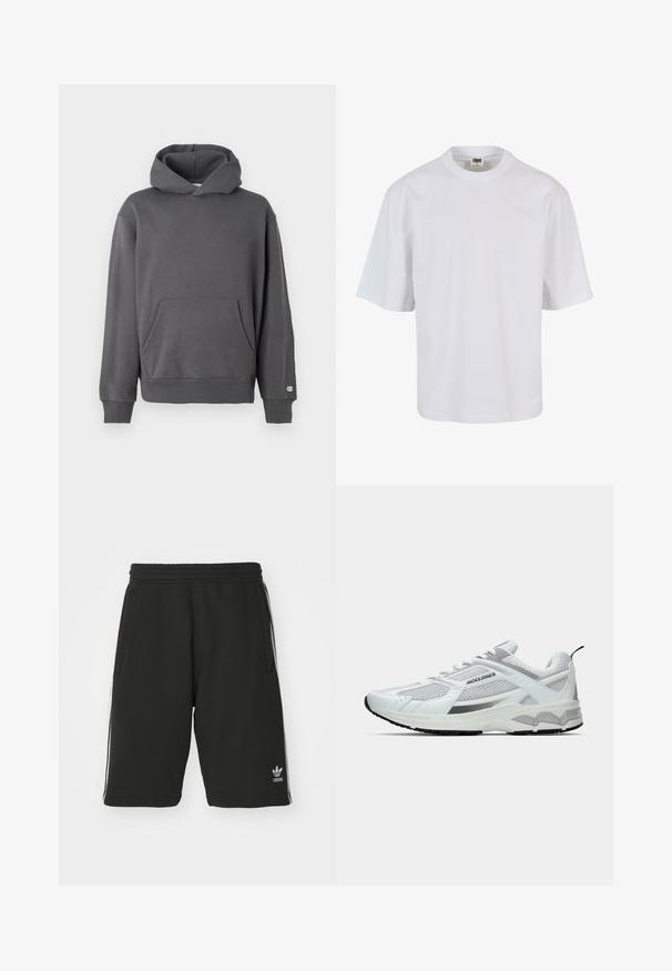 Grijze pullover hoodie met een voorzak, geribde manchetten en een capuchon met trekkoord. Heeft subtiele logodetails op de borst.; Witte, korte mouw t-shirt van katoen. Beschikt over een ronde hals en een losse pasvorm met een gladde textuur en geen zichtbare patronen of graphics.; Zwarte shorts van een katoenmix met een elastische tailleband, voorzien van witte zijkanten en een klein logo aan de onderlinkerkant.; Witte sportieve schoenen van mesh en synthetische materialen, met zilveren accenten, een gestructureerde zool en een vetersluiting.