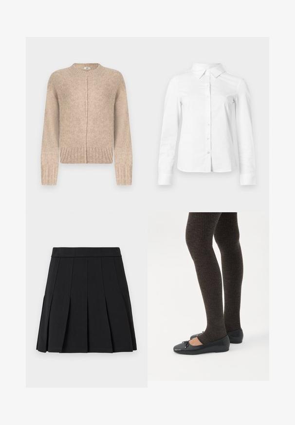 Pull en tricot beige à manches longues, col rond, ourlet côtelé et détail de couture sur le devant. Confectionné dans un matériau doux et texturé.; Chemise blanche à manches longues avec boutons, col pointu, ourlet droit et silhouette ajustée, présentée sur un fond clair uni.; Jupe plissée noire en tissu lisse. Elle présente une large ceinture et plusieurs plis aiguille verticaux.; Jambes portant des leggings côtelés foncés associés à des ballerines noires avec de petits détails en nœud sur fond blanc.