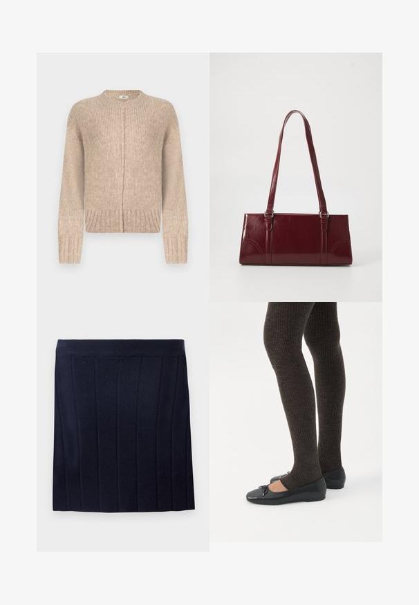 Pull en tricot beige à manches longues, col rond, ourlet côtelé et détail de couture sur le devant. Confectionné dans un matériau doux et texturé.; Object OBJTHESS - Minijupe - sky captain; Jambes portant des leggings côtelés foncés associés à des ballerines noires avec de petits détails en nœud sur fond blanc.; Sac à main bordeaux en matériau brillant, de forme rectangulaire, avec deux anses et des accents légèrement courbés à l'avant.