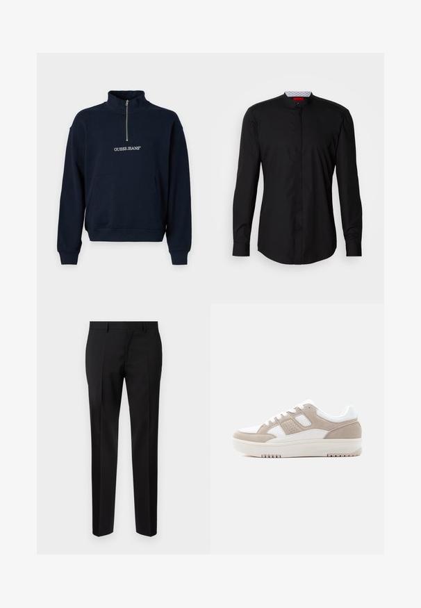 Pull-over en polaire bleu marine avec zip demi-hauteur et col haut, doté d'une poche kangourou à l'avant et du logo "GUESS JEANS" brodé en blanc.; Chemise noire à manches longues avec col mandarin, confectionnée dans un tissu lisse, dotée d'une patte de boutonnage à l'avant et de détails de design subtils.; Pantalons noirs ajustés en tissu lisse, présentant une jambe droite, des détails de pli raffinés et une taille classique avec passants de ceinture.; Baskets basses en daim beige avec des panneaux en maille blanche, des lacets blancs et une semelle blanche épaisse, présentées de profil sur un fond blanc.