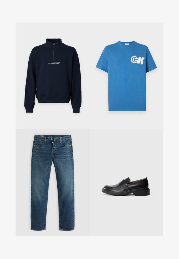 Pull-over en polaire bleu marine avec zip demi-hauteur et col haut, doté d'une poche kangourou à l'avant et du logo "GUESS JEANS" brodé en blanc.; T-shirt en coton bleu à manches courtes, col rond, avec un logo blanc "CK" sur le côté gauche de la poitrine. Texture lisse, coupe régulière.; Jean en denim bleu avec une coupe droite, comprenant cinq poches, une braguette à boutons classique et un léger délavage pour la texture.; Chaussure habillée noire en cuir, à enfiler, avec un petit talon et un logo Calvin Klein discret sur le côté, présentée de profil sur un fond blanc.